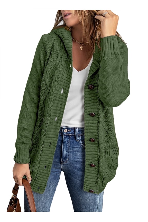 Hooded Cardigan Sweaters for Women Long Sleeve Button Down Knit Sweater Coat Outwear with Pockets