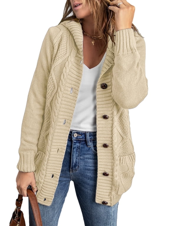 Hooded Cardigan Sweaters for Women Long Sleeve Button Down Knit Sweater Coat Outwear with Pockets