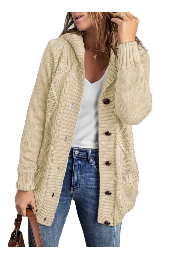 Hooded Cardigan Sweaters for Women Long Sleeve Button Down Knit Sweater Coat Outwear with Pockets