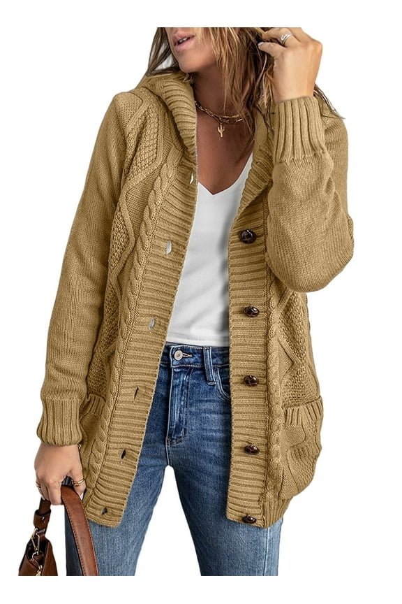 Hooded Cardigan Sweaters for Women Long Sleeve Button Down Knit Sweater Coat Outwear with Pockets