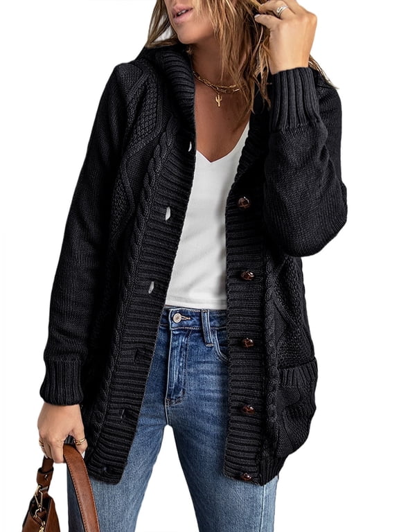 Hooded Cardigan Sweaters for Women Long Sleeve Button Down Knit Sweater Coat Outwear with Pockets