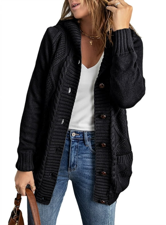 Hooded Cardigan Sweaters for Women Long Sleeve Button Down Knit Sweater Coat Outwear with Pockets