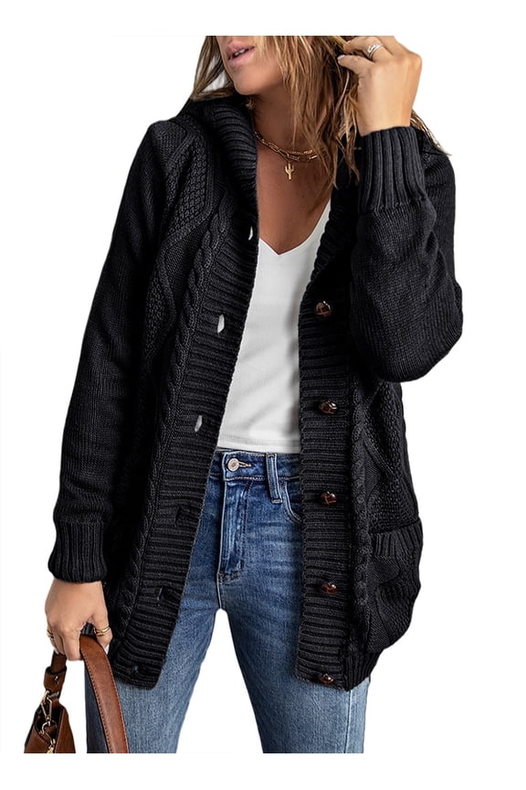 Hooded Cardigan Sweaters for Women Long Sleeve Button Down Knit Sweater Coat Outwear with Pockets