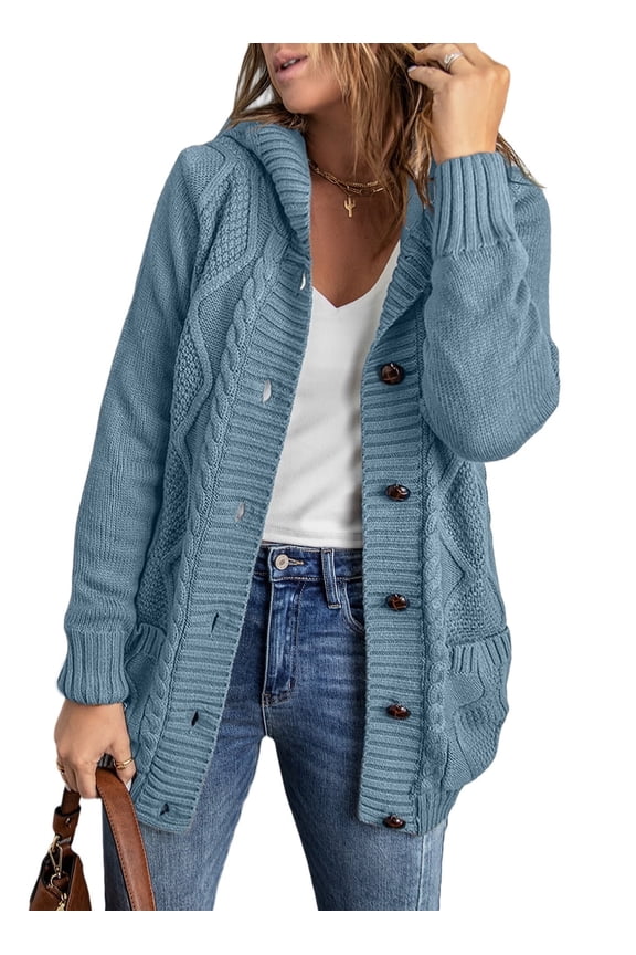 Hooded Cardigan Sweaters for Women Long Sleeve Button Down Knit Sweater Coat Outwear with Pockets