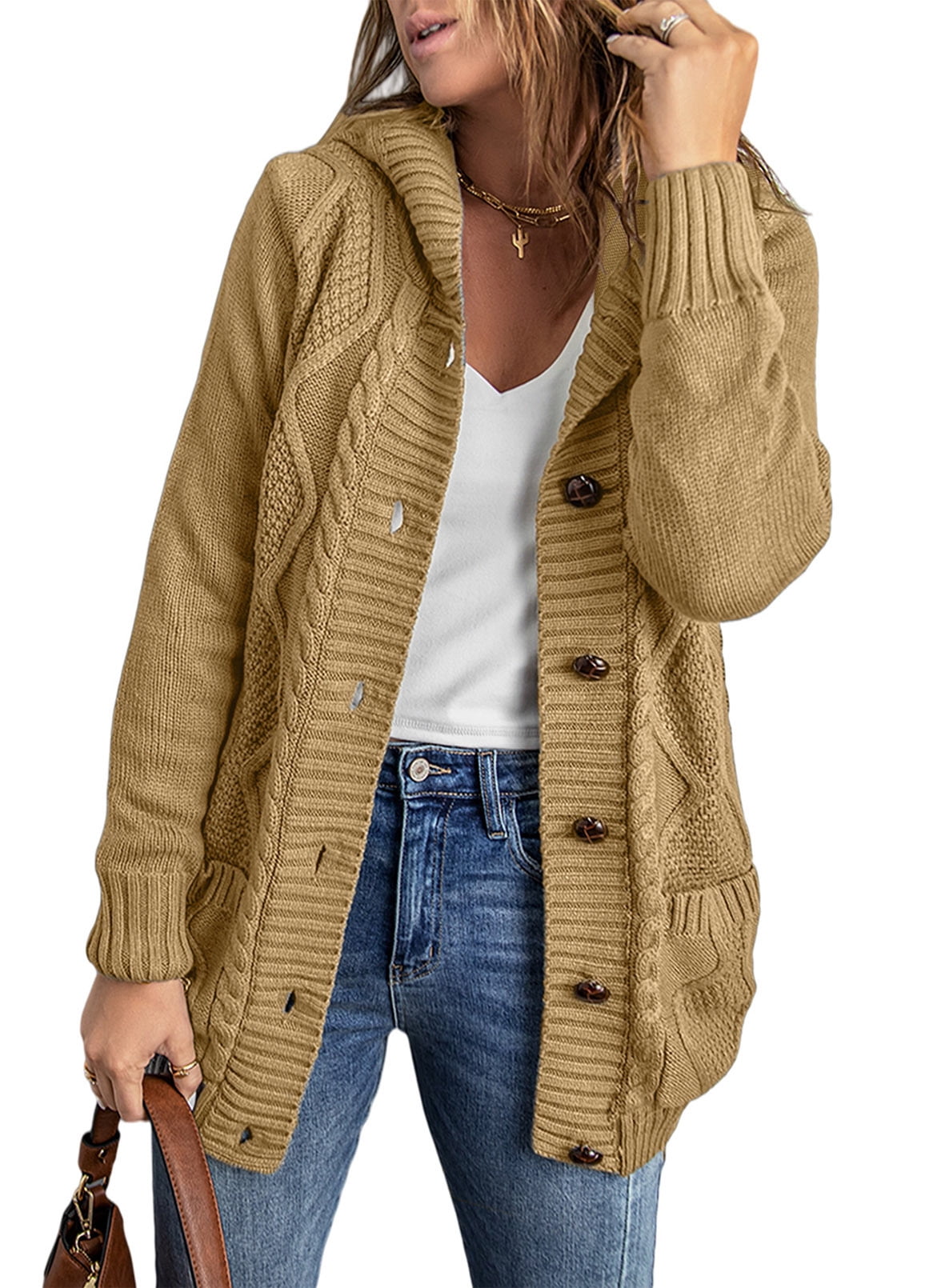 Eytino Hooded Cardigan Sweaters for Women Long Sleeve Button Down Knit ...