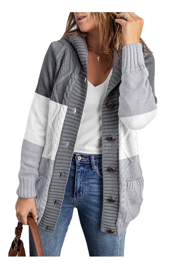 Hooded Cardigan Sweaters for Women Long Sleeve Button Down Knit Sweater Coat Outwear with Pockets