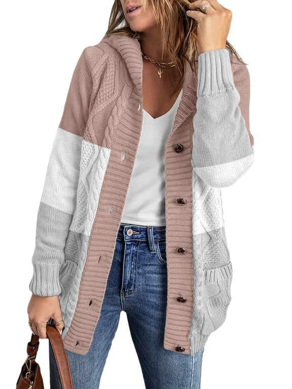 Hooded Cardigan Sweaters for Women Long Sleeve Button Down Knit Sweater Coat Outwear with Pockets
