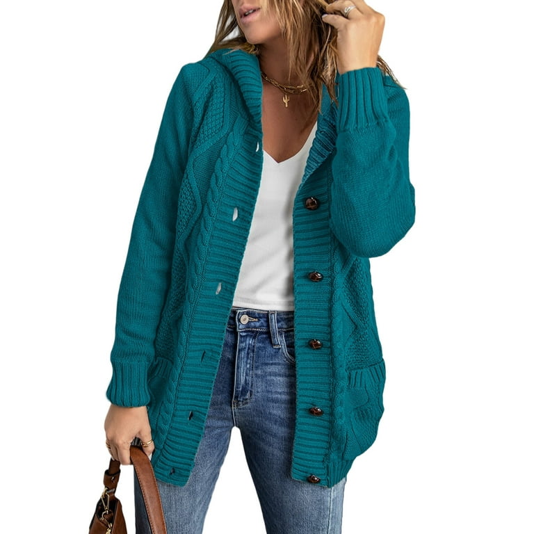 Eytino Women s Hooded Cardigan Sweater Long Sleeve Button Down Knit Coat with Pockets Walmart