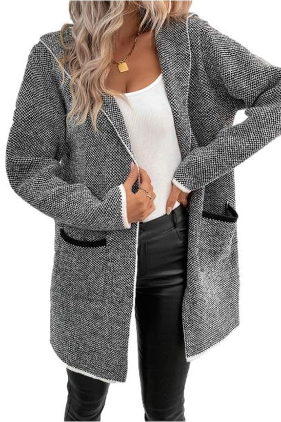 Hooded Cardigan Sweaters for Women Open Front Cardigan Oversized Long Sleeve Chunky Knit Cardigan Gray M