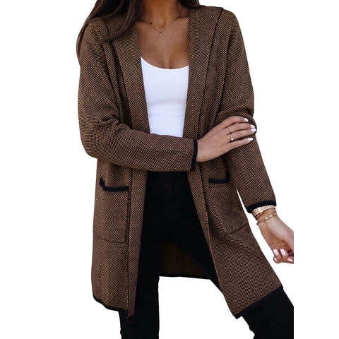 Hooded Cardigan Women Open Front Cardigan Chunky Knit Sweaters Oversized Long Sleeve Cardigan Outwear Coat Brown L