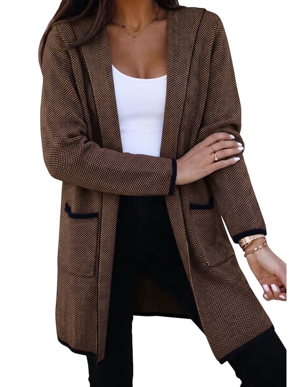 Hooded Cardigan for Women Open Front Cardigan Chunky Knit Sweaters Solid Color Long Sleeve Oversized Cardigan Brown M