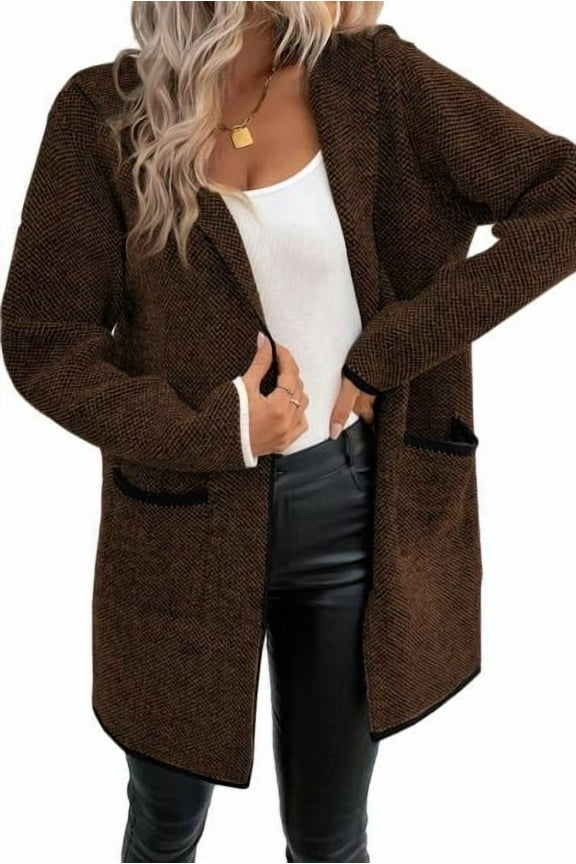 Hooded Cardigan for Women Open Front Cardigan Chunky Knit Sweaters Solid Color Long Sleeve Oversized Cardigan Brown M