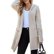EYTINO Hooded Cardigans for Women Long Sleeve Open Front Contrast Cardigan Sweaters Oversized Chunky Knit Hooded Sweaters Coat Apricot M