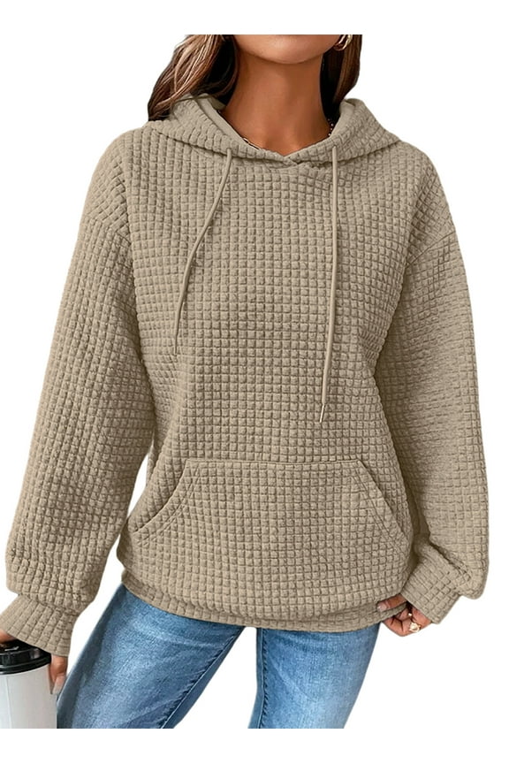 Hoodies for Women Fall Waffle Knit Hoodies Long Sleeve Drawstring Casual Pullover Sweatshirt with Pockets Brown L