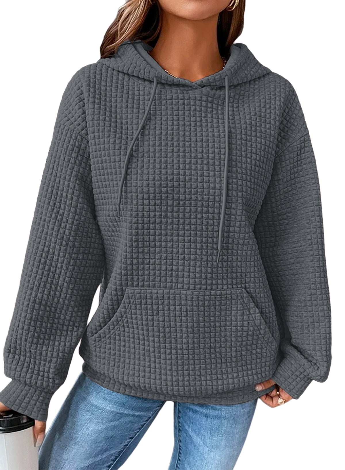 Eytino Hoodies for Women Fall Waffle Knit Hoodies Long Sleeve Drawstring Casual Pullover Sweatshirt with Pockets Gray 2XL