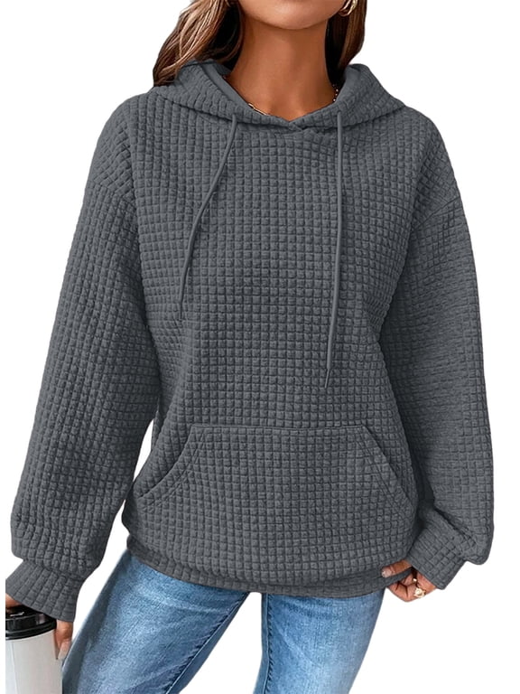 Hoodies for Women Fall Waffle Knit Hoodies Long Sleeve Drawstring Casual Pullover Sweatshirt with Pockets Gray 2XL
