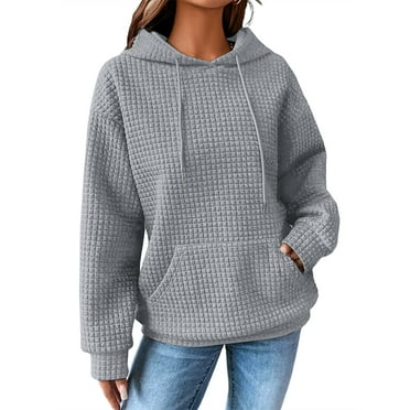 Eytino Hoodies for Women Hooded Hoodies Casual Long Sleeve Drawstring Waffle Pullover Tops Loose Hooded Sweatshirt with Pocket Gray S