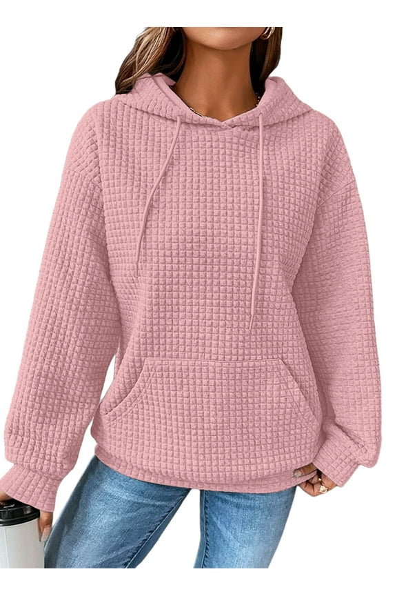 Hoodies for Women Sweatshirts Hoodies Casual Long Sleeve Drawstring Waffle Pullover Tops Loose Hooded Sweatshirt with Pocket Pink XL