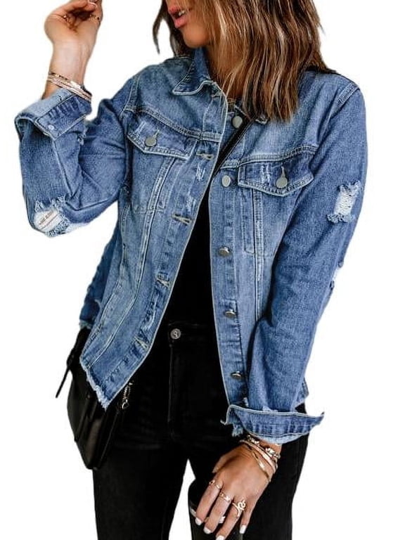 Jean Jacket Women Long Sleeve Button Down Distressed Denim Jackets Jean Jacket Coat with Pockets Blue S-2XL
