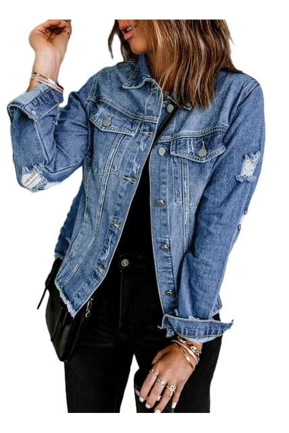 Jean Jacket Women Long Sleeve Button Down Distressed Denim Jackets Jean Jacket Coat with Pockets Blue S-2XL