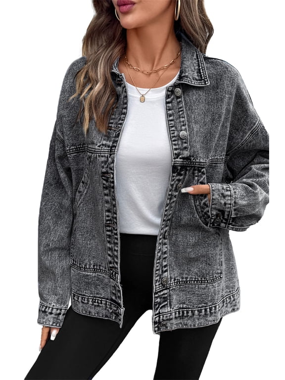 Jean Jacket for Women Denim Jackets Oversized Boyfriend Drop Shoulder Button Front Jean Jacket Coat with Pockets