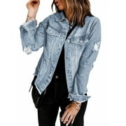 EYTINO Women's Denim Jackets Long Sleeve Button Boyfriend Distressed Ripped Jean Coat with Pockets Green S-2XL
