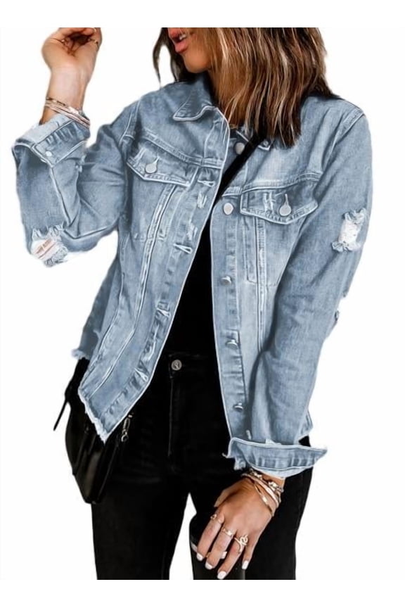 Jean Jacket for Women Long Sleeve Button Boyfriend Distressed Ripped Denim Jacket Coat with Pockets Blue S-2XL