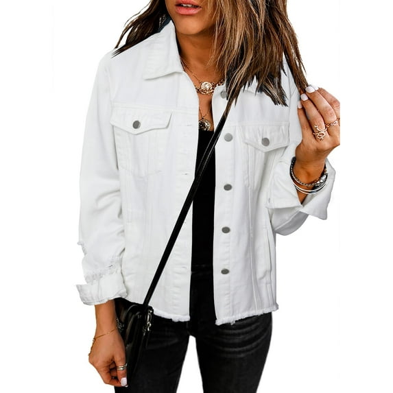 Eytino Jean Jacket for Women Long Sleeve Button Boyfriend Distressed Ripped Denim Jacket Coat with Pockets White S-2XL
