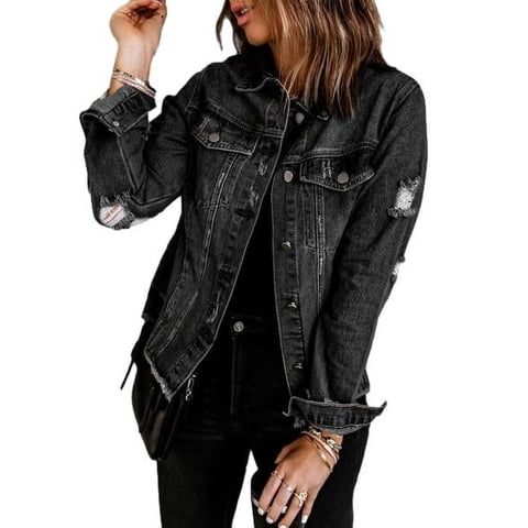 Jean Jackets for Women Long Sleeve Button Boyfriend Distressed Ripped Denim Jacket Coat with Pockets Black S-2XL