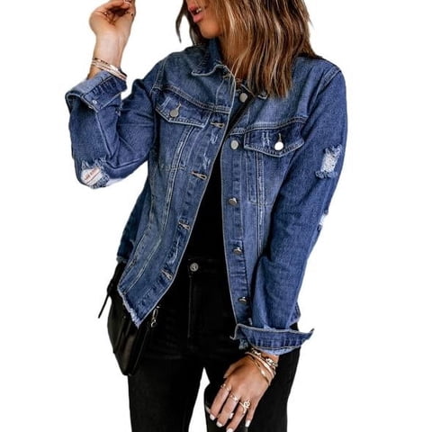 Jean Jackets for Women Long Sleeve Button Boyfriend Distressed Ripped Denim Jacket Coat with Pockets Blue S-2XL