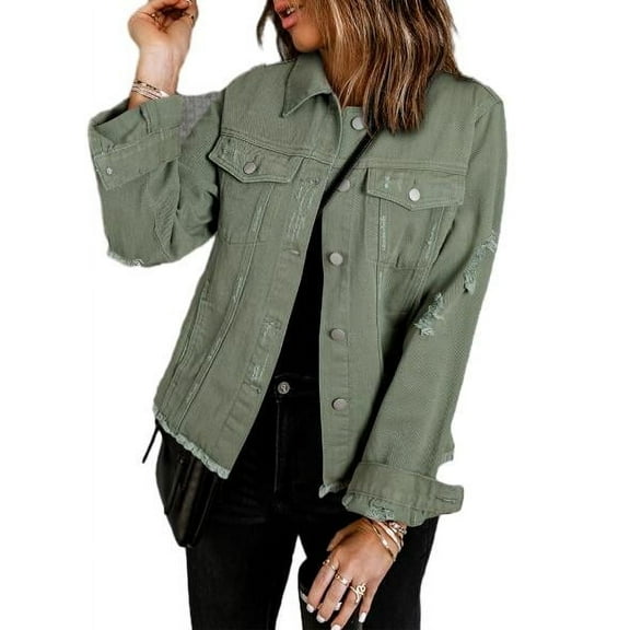 Eytino Jeans Jacket Women Long Sleeve Distressed Washed Button Up Boyfriend Denim Jacket Coat with Pockets Green S-2XL
