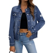 Eytino Ladies Jean Jacket Long Sleeve Distressed Washed Button Up Boyfriend Denim Jacket Coat with Pockets Blue S-2XL