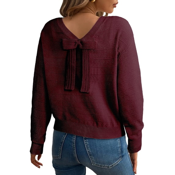 Eytino Ladies Sweaters Bow Ribbed Knit Crew Neck Long Sleeve Fall Pullover Top