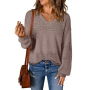 Eytino Womens Sweaters Lightweight V Neck Crochet Sweater Casual Long Sleeve Hollow Out Knit Sweater Pullover Sweaters for Women Oversized Sweaters Black M