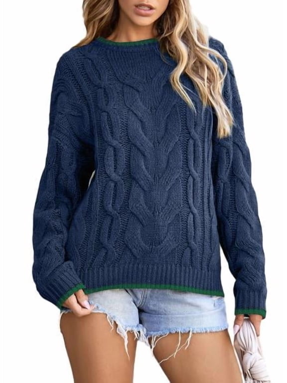 Long Sleeve Women's Sweater Casual Crewneck Color Block Sweater Tops Cable Knit Pullover Sweaters for Women Fall Sweater Navy Blue Size M