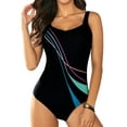thumbnail image 1 of Eytino One Piece Swimsuit Women Color Block Print Swimsuits Criss-Cross Back V Neck Bathing Suits Athletic Padded Athletic Training Swimwear Black S Female, 1 of 6