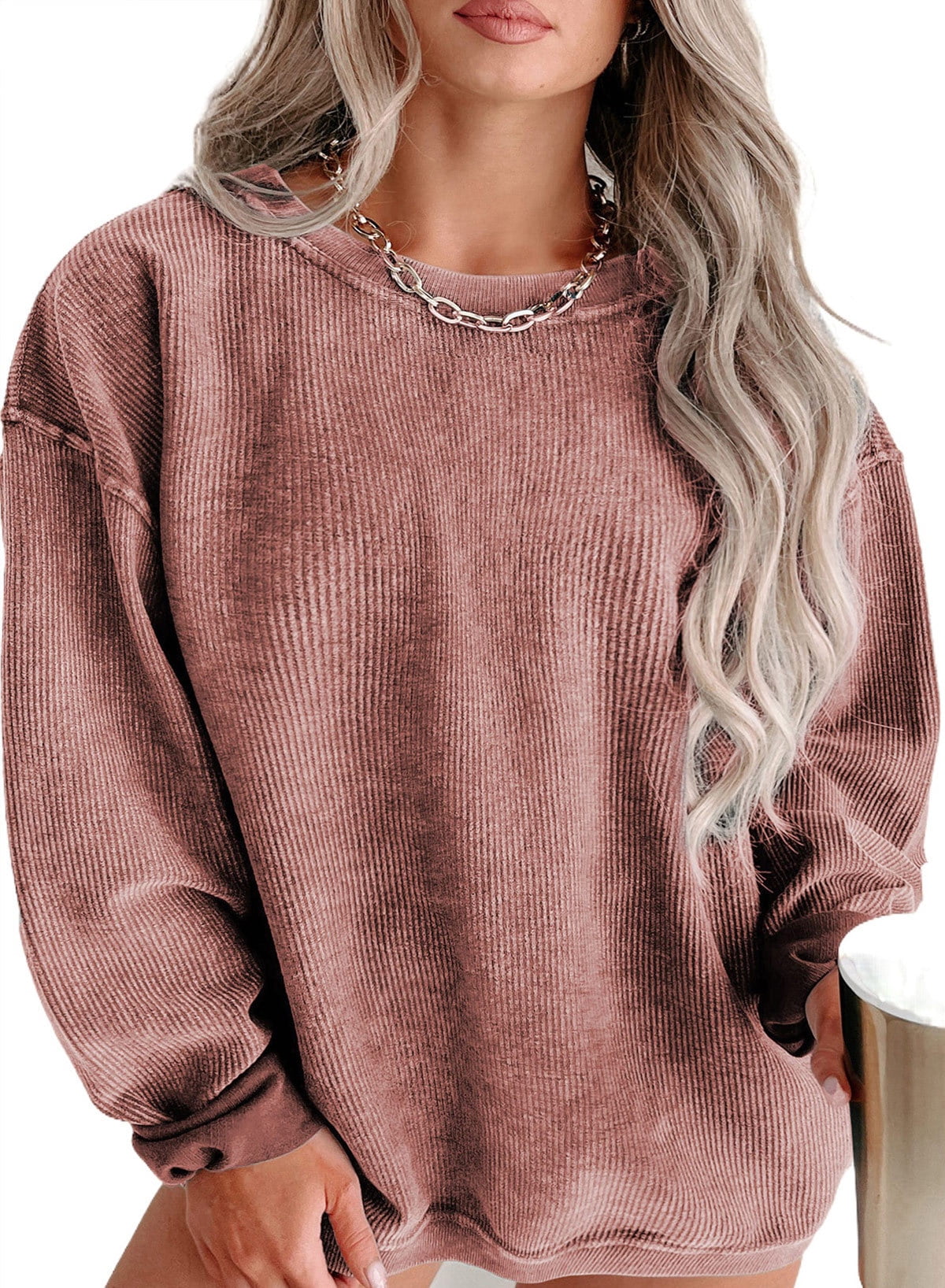 Ebifin Women's Oversized Long Sleeve Sweatshirts Pure Color Round Neck  Casual Pullover Shirt