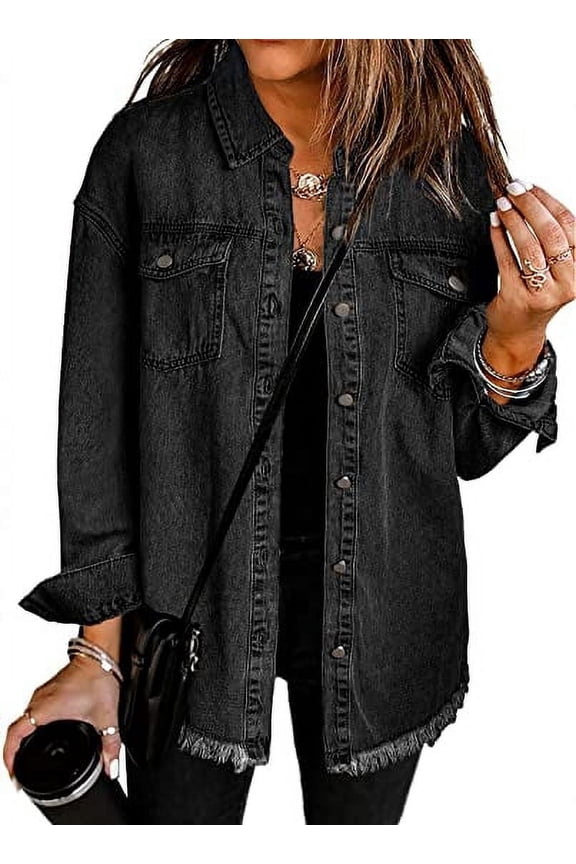Oversized Denim Jacket for Women Long Sleeve Classic Loose Jean Jacket Black L Female