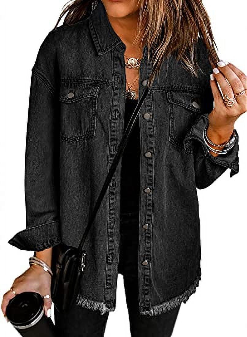 Eytino Oversized Denim Jacket for Women Long Sleeve Classic Loose Jean ...