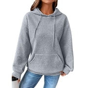 Oversized Hoodies for Women Sweatshirts Hoodies Casual Long Sleeve Drawstring Waffle Pullover Tops Loose Hooded Sweatshirt with Pocket Gray L