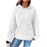 Eytino Oversized Hoodies for Women Sweatshirts Hoodies Casual Long Sleeve Drawstring Waffle Pullover Tops Loose Hooded Sweatshirt with Pocket White L