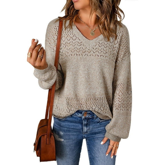 Eytino Oversized Sweaters for Women V Neck Hollow Out Crochet Tops Long Sleeve Knit Sweaters Pullover Lightweight Oversized Sweaters Brown 2XL