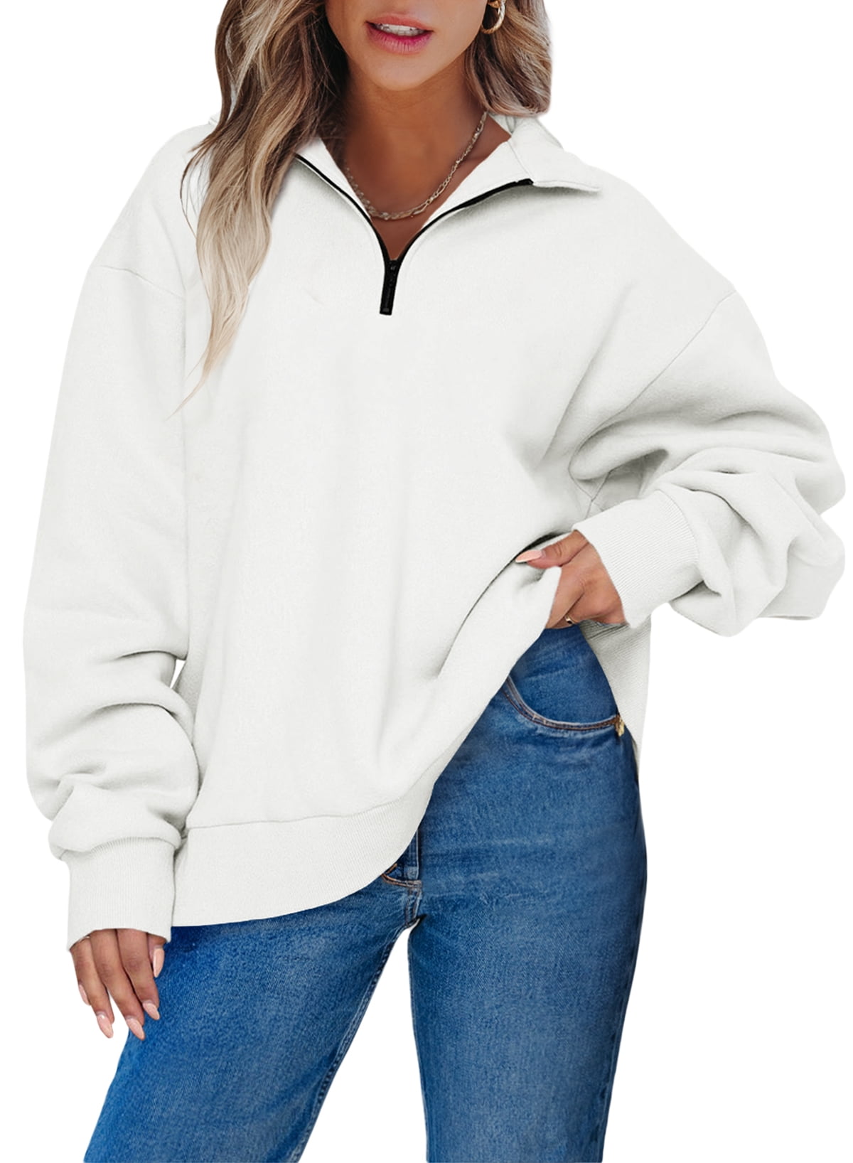 Oversized Sweatshirt Womens Half Zip Sweatshirt Drop Shoulder Long Sleeves Pullover Solid Fleece Drop Shoulder Sweatshirt S White