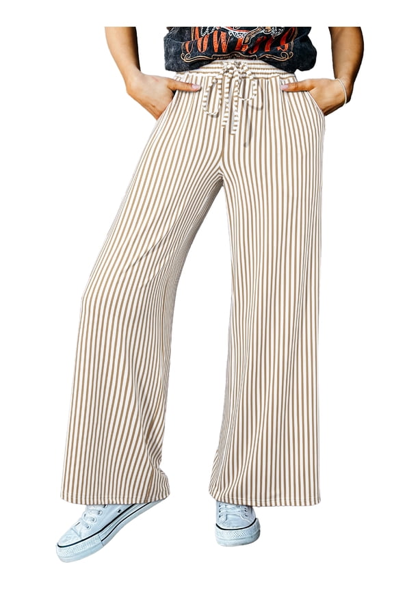Pants for Women Wide Leg Drawstring Elastic Waist Striped Lounge Trousers Sweatpants with Pockets