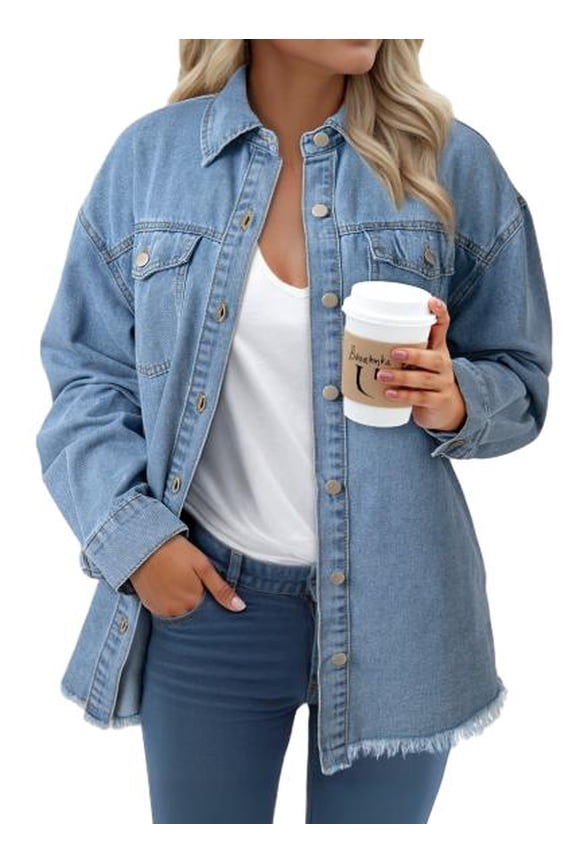 Plus Size Denim Jackets for Women Long Sleeve Oversized Loose Jean Coat Sky Blue XL Female