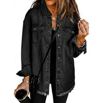 Eytino Plus Size Women's Boyfriend Denim Jackets Long Sleeve Loose Jean Coats Black XL Female