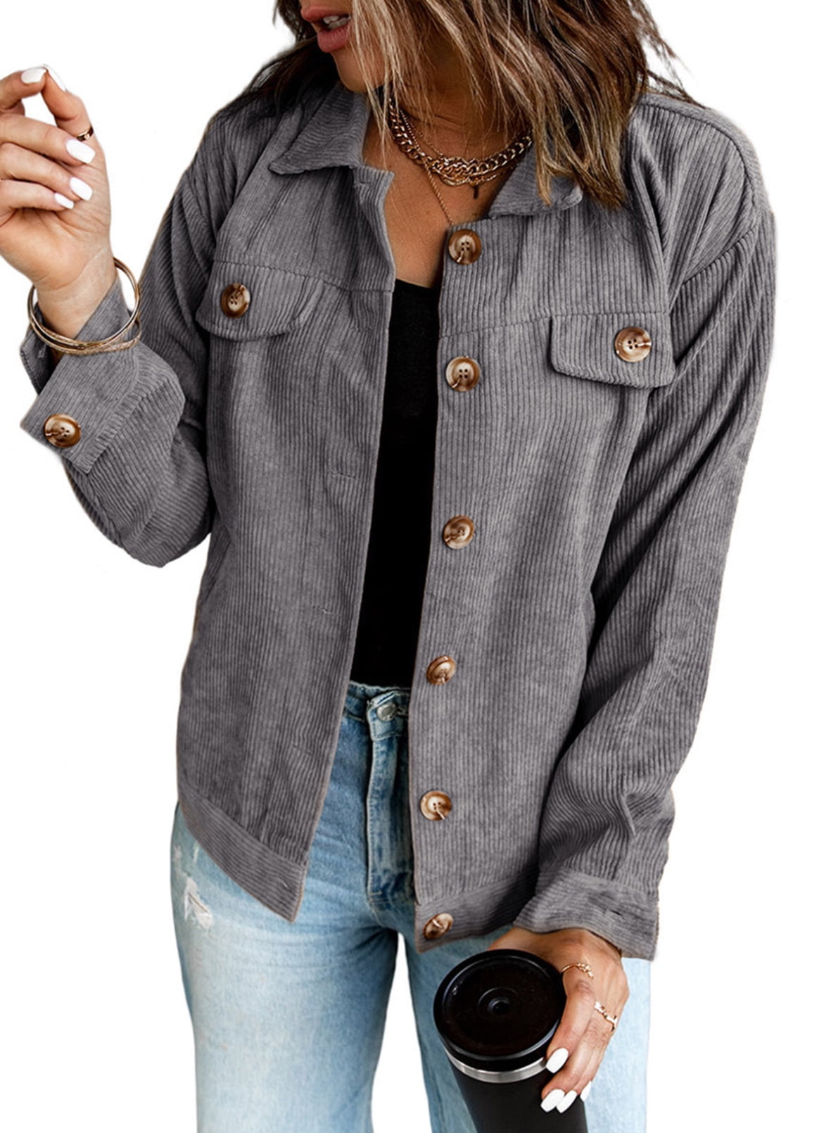 Eytino Plus Size Women's Button Down Corduroy Shirt Shacket Jackets XL Gray Female
