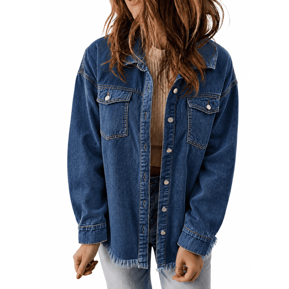 Eytino Plus Size Women's Denim Jean Jacket Long Sleeve Boyfriend Denim Jacket Coat Blue XL Female
