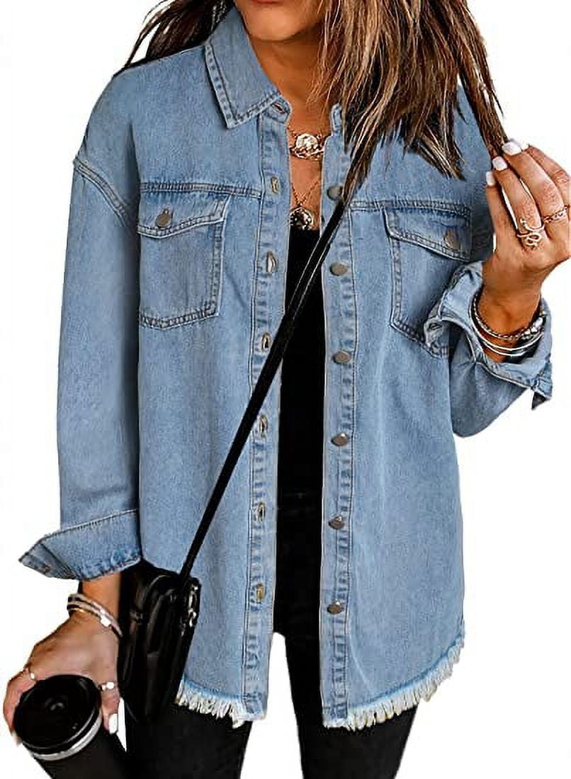Eytino Plus Size Womens Button Down Denim Jackets Long Sleeve Oversize  Boyfriend Jeans Jackets Sky Blue 2XL Female