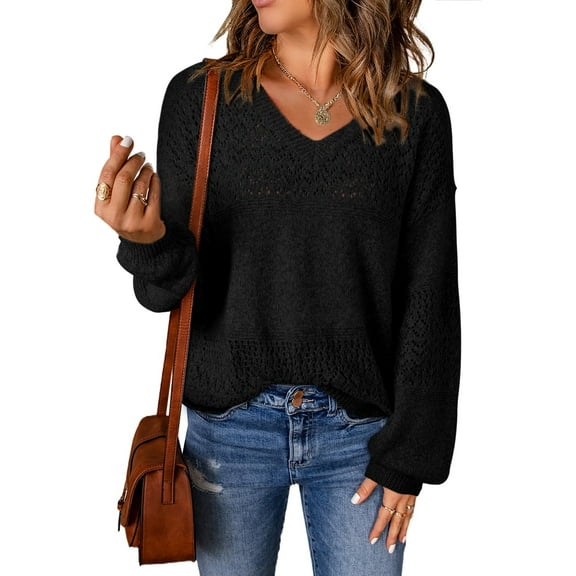 Eytino Pullover Sweaters for Women Casual Long Sleeve V Neck Sweater Lightweight Crochet Pullover Sweater Tops Black 2XL